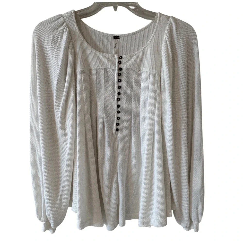 Free People White Ribbed Henley Puff Sleeve Pleated Blouse Top Size S